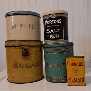 Vintage Assorted Kitchen Tins, Coffee, Biscuts, Morton's Salt, Coleman's Mustard